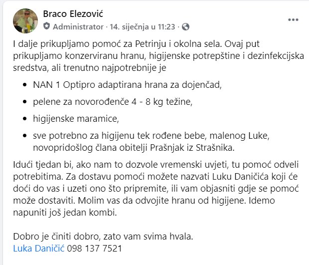 Facbook/Dubrovnik za Petrinju i Sisak